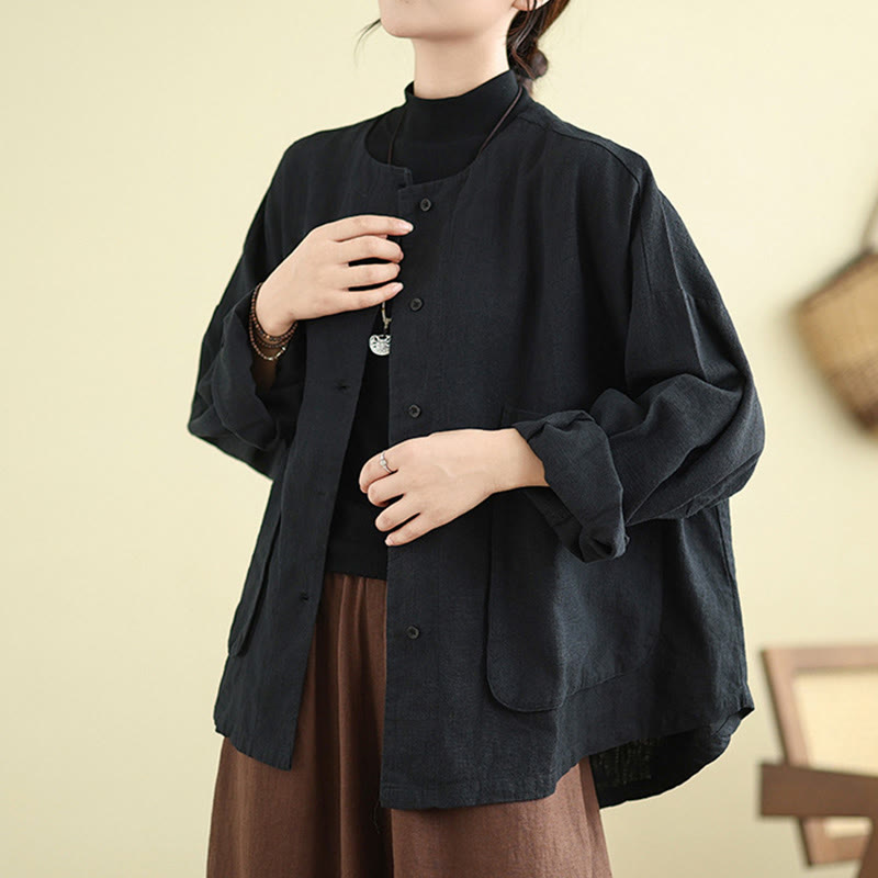 Buddha Stones無地デザイン 長袖 レディース コットンリネン ジャケット ポケット付き - image 12