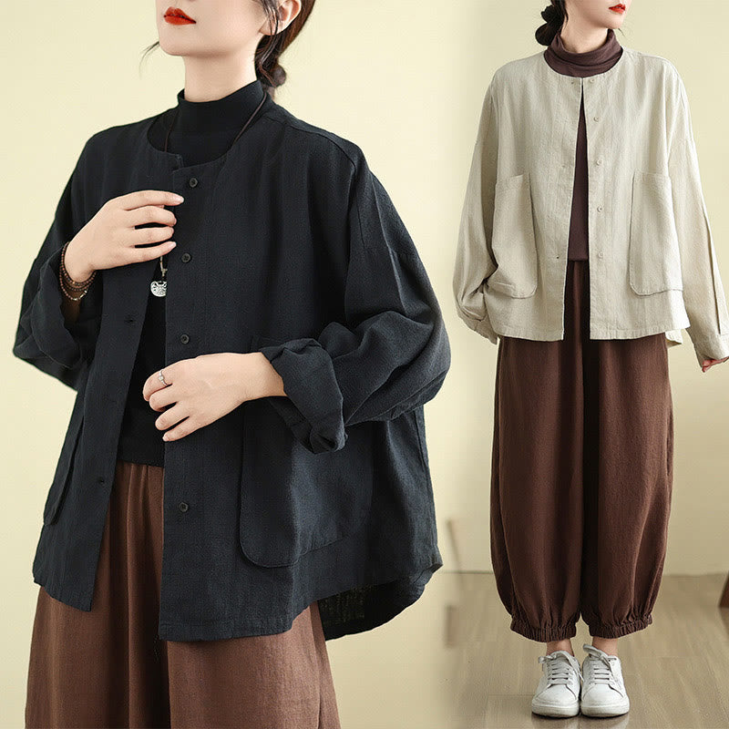 Buddha Stones無地デザイン 長袖 レディース コットンリネン ジャケット ポケット付き - image 18