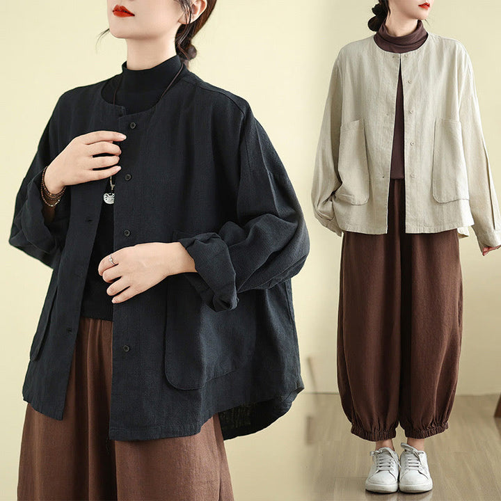 Buddha Stones無地デザイン 長袖 レディース コットンリネン ジャケット ポケット付き - image 18