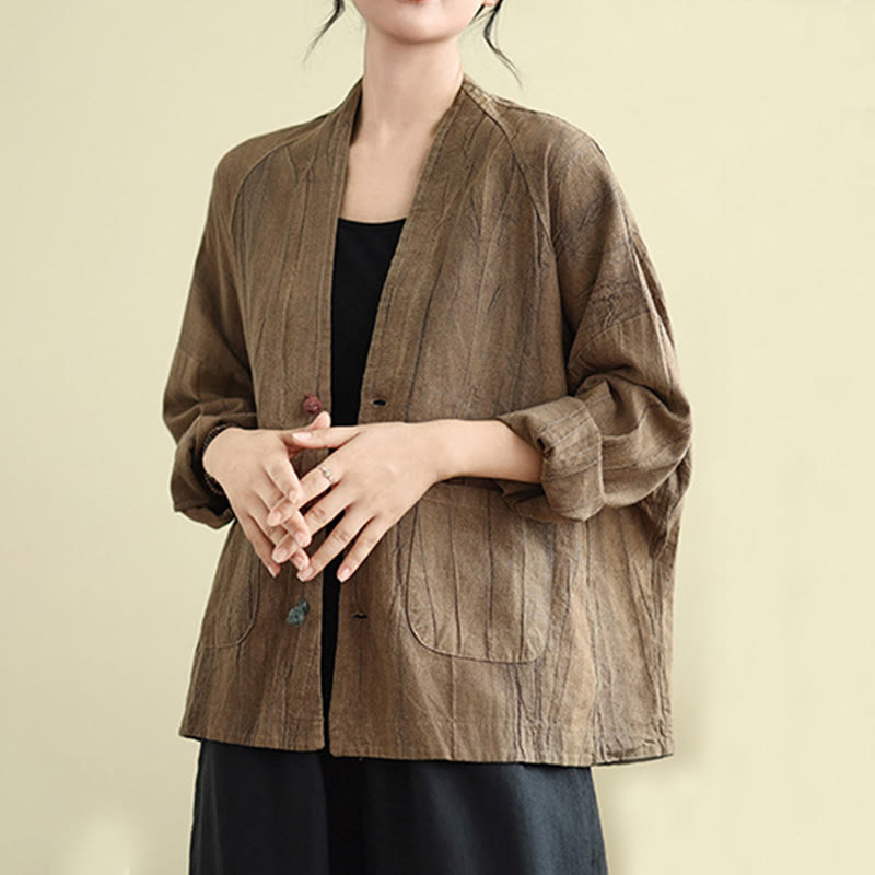 Buddha Stones無地 長袖 レディース コットンリネン ジャケット ポケット付き - image 6