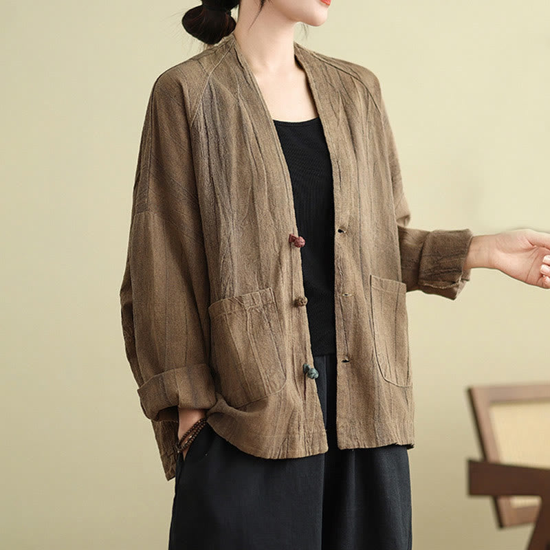 Buddha Stones無地 長袖 レディース コットンリネン ジャケット ポケット付き - タン - US14、 UK/AU18、 EU46 (2XL) - image 1