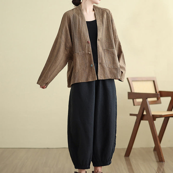 Buddha Stones無地 長袖 レディース コットンリネン ジャケット ポケット付き - image 7