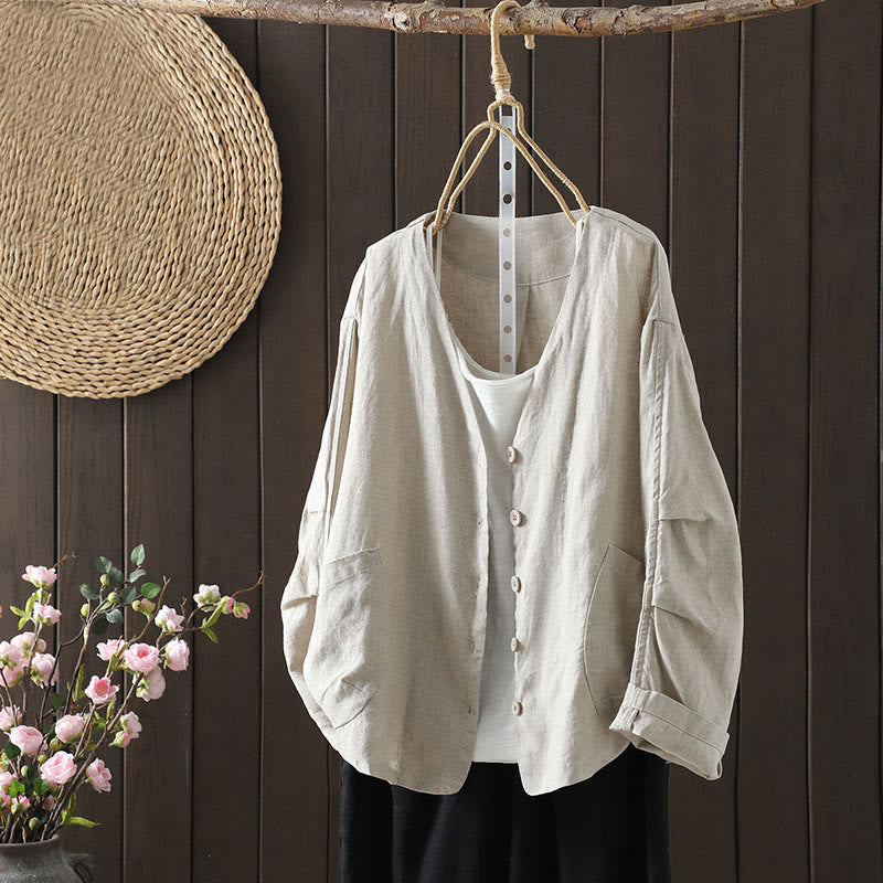 Buddha Stonesピュアカラー Vネック レディース コットンジャケット ポケット付き - ベージュ - US14、 UK/AU18、 EU46 (2XL) - image 1