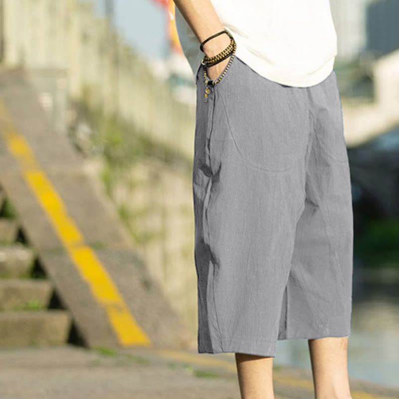 Buddha Stonesサマープレーンプリーツデザイン ドローストリング メンズ 7-8丈 コットンリネンパンツ ポケット付き - image 2