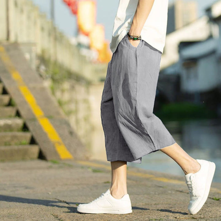 Buddha Stonesサマープレーンプリーツデザイン ドローストリング メンズ 7-8丈 コットンリネンパンツ ポケット付き - image 1