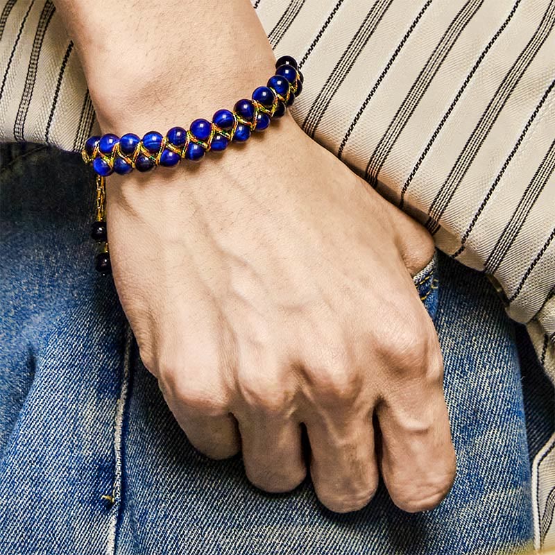 Buddha Stones天然ブルータイガーアイ手編みカラーロープ二列ビーズバランスブレスレット - image 4