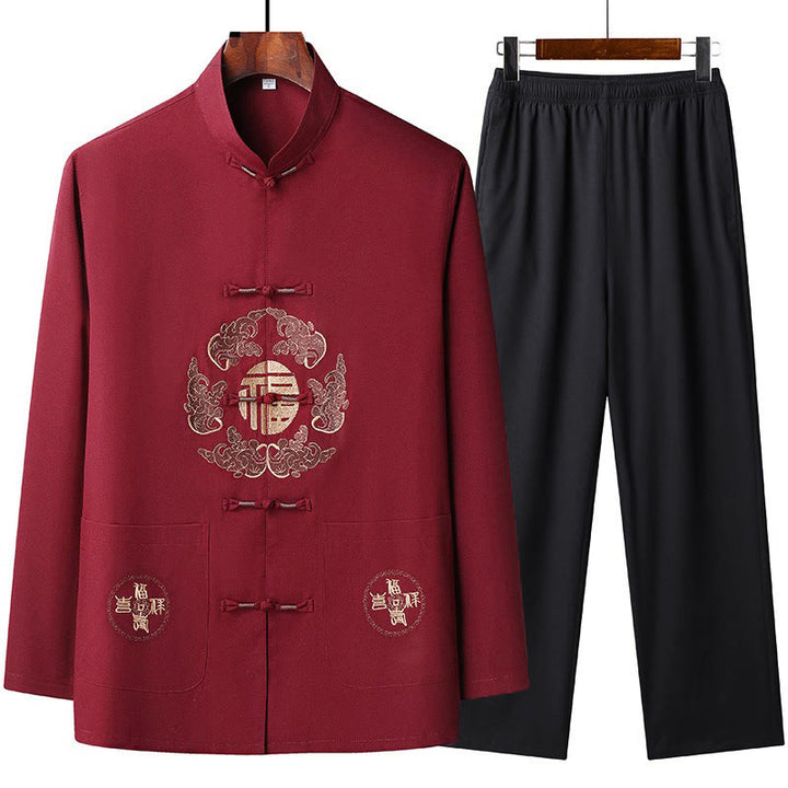 Buddha Stones中国の旧正月 刺繍 フータンスーツ 漢服 長袖 トップス パンツ 衣類 メンズセット - 赤 - US/UK/AU44、 EU54 (4XL) - image 0