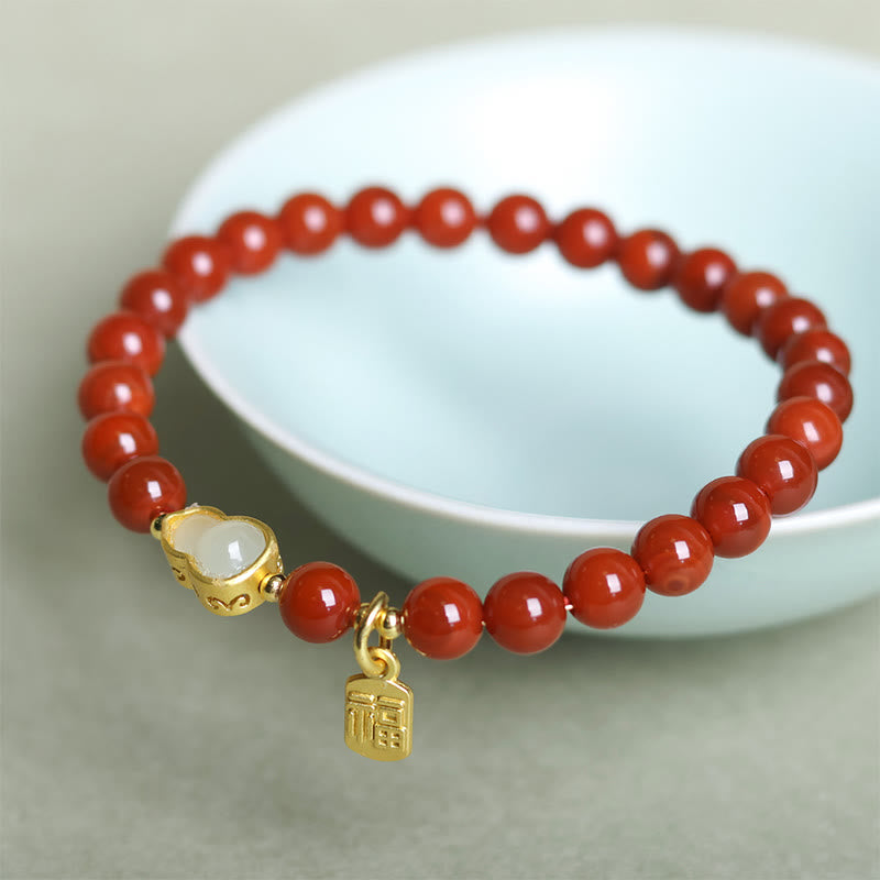 Buddha Stones天然南赤瑪瑙和田翡翠ひょうたん幸運を呼ぶブレスレット - image 5