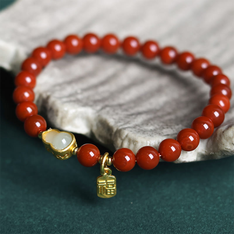 Buddha Stones天然南赤瑪瑙和田翡翠ひょうたん幸運を呼ぶブレスレット - image 2