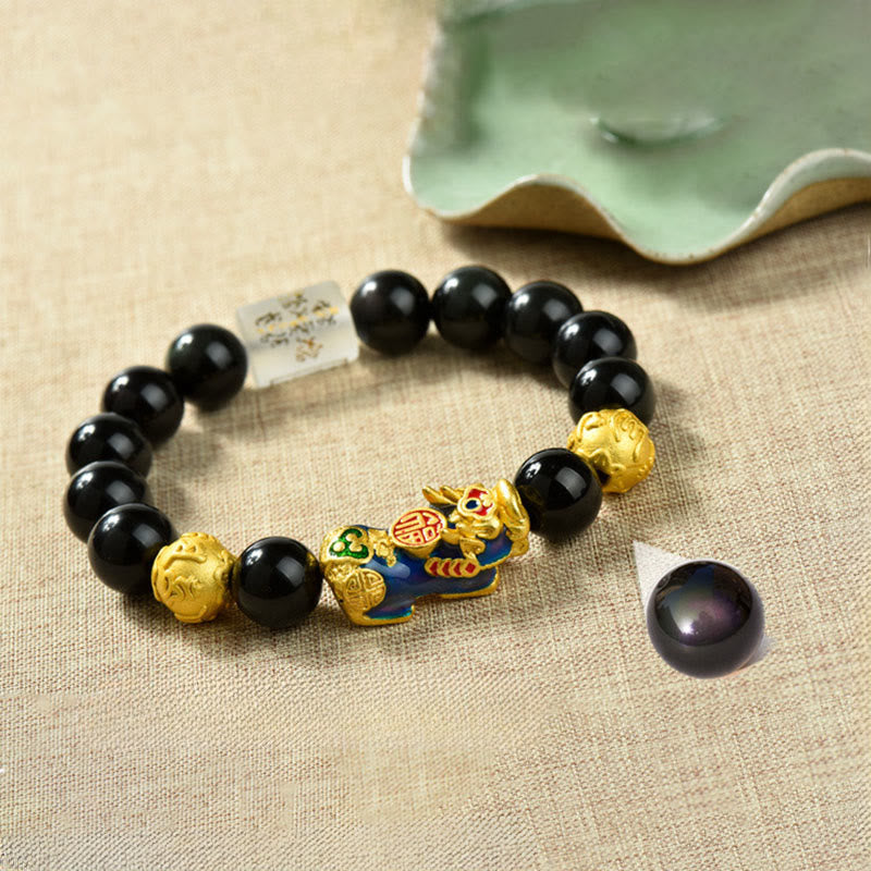 Buddha Stones風水 銅製PiXiu黒曜石 ビーズ開運財運ブレスレット - オーム・マニ・パドメ・フム＆フーキャラクター＆色が変わるPiXiu（手首周り：18～19cm） - image 1