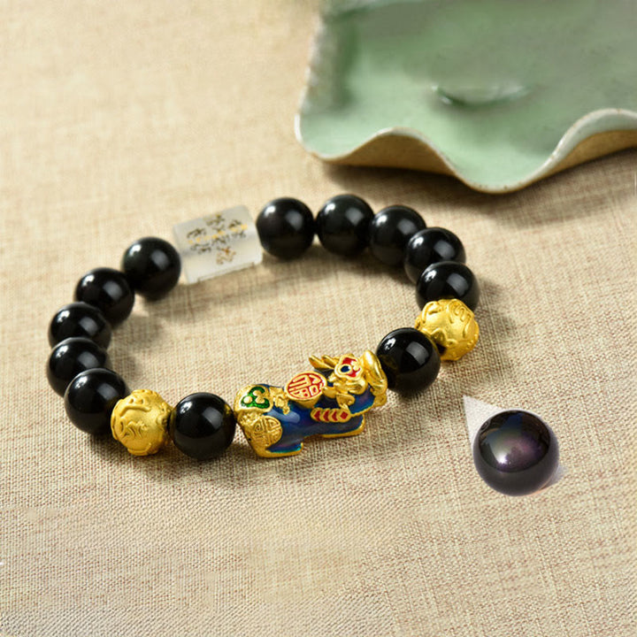 Buddha Stones風水 銅製PiXiu黒曜石 ビーズ開運財運ブレスレット - オーム・マニ・パドメ・フム＆フーキャラクター＆色が変わるPiXiu（手首周り：18～19cm） - image 1
