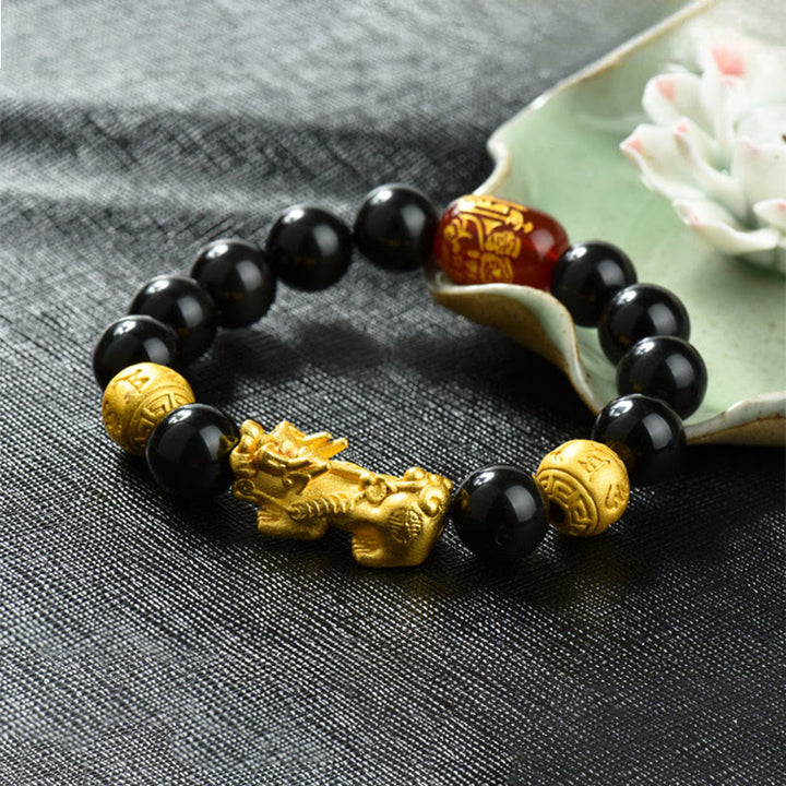 Buddha Stones風水 銅製PiXiu黒曜石 ビーズ開運財運ブレスレット - オーム・マニ・パドメ・フム＆真鍮製PiXiu（手首周り：18～19cm） - image 23
