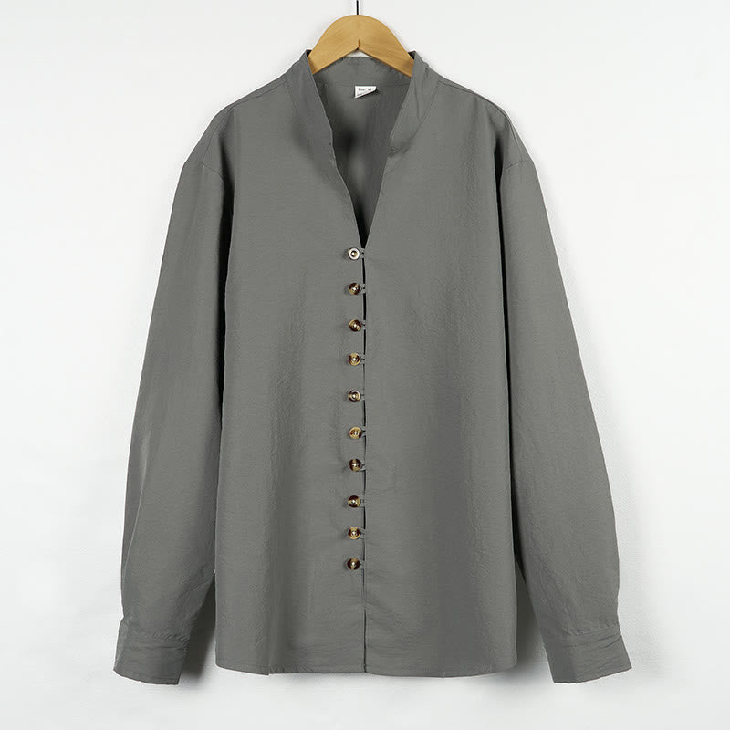 Buddha Stones無地ボタン秋長袖メンズシャツ - image 1