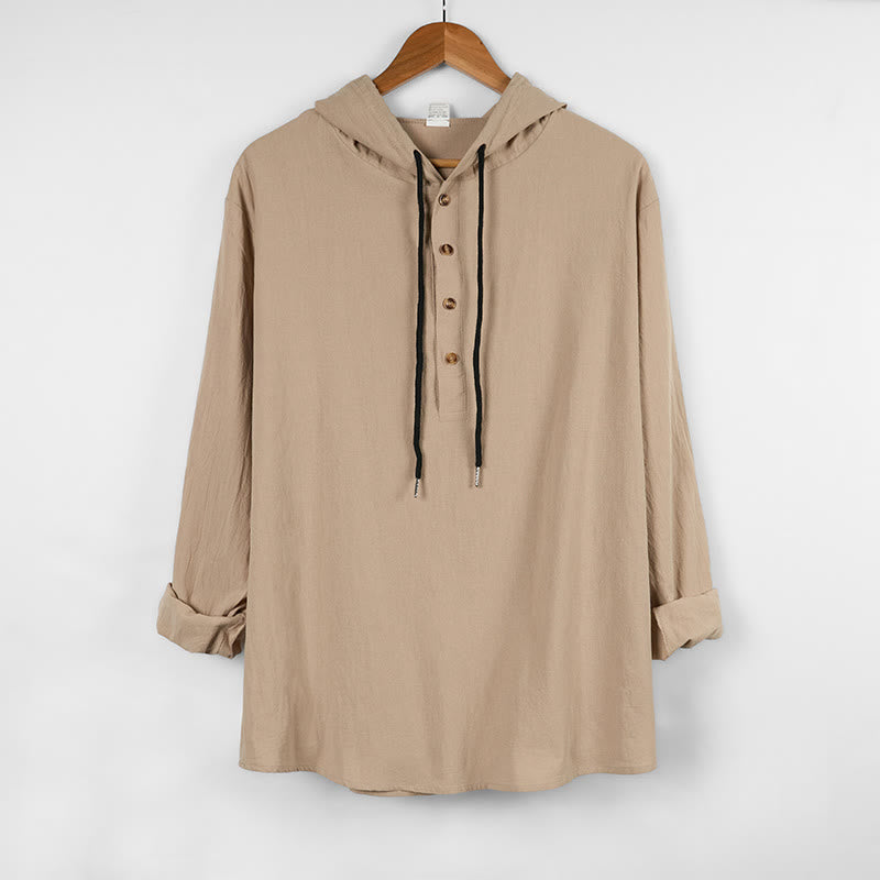 Buddha Stones無地 秋 ハーフボタン メンズ フード付き 長袖 コットンシャツ - ベージュ - US/UK/AU46、 EU56 (3XL) - image 12