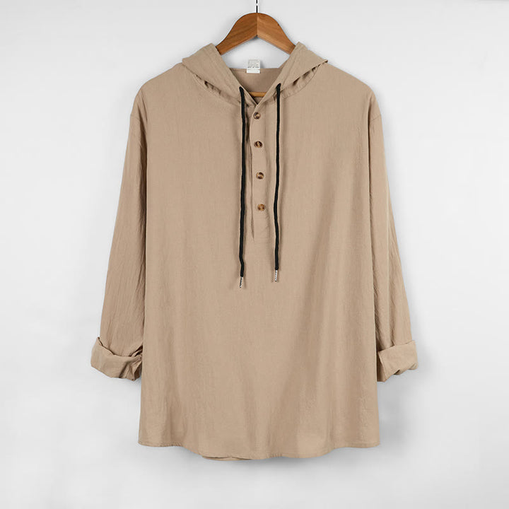 Buddha Stones無地 秋 ハーフボタン メンズ フード付き 長袖 コットンシャツ - ベージュ - US/UK/AU46、 EU56 (3XL) - image 12