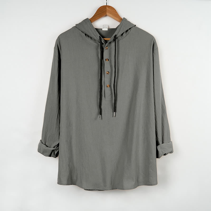 Buddha Stones無地 秋 ハーフボタン メンズ フード付き 長袖 コットンシャツ - ダークグレー - US/UK/AU46、 EU56 (3XL) - image 9