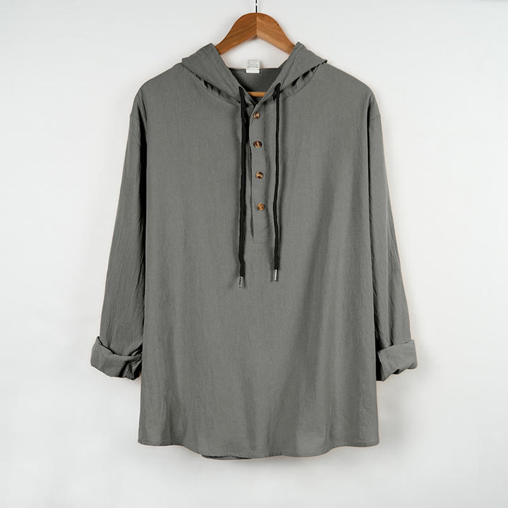 Buddha Stones無地 秋 ハーフボタン メンズ フード付き 長袖 コットンシャツ - ダークグレー - US/UK/AU46、 EU56 (3XL) - image 10