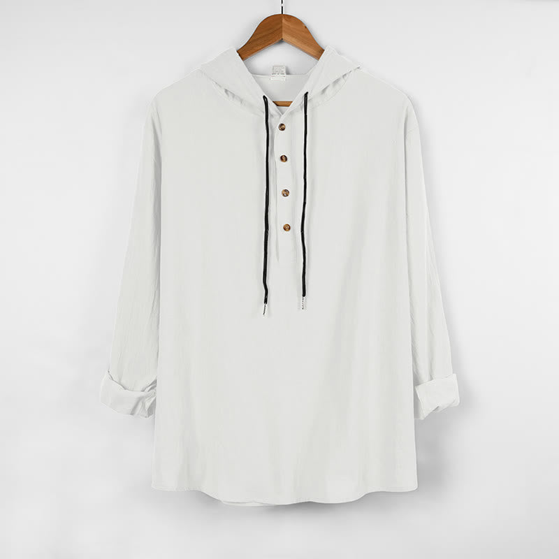 Buddha Stones無地 秋 ハーフボタン メンズ フード付き 長袖 コットンシャツ - 白 - US/UK/AU46、 EU56 (3XL) - image 6