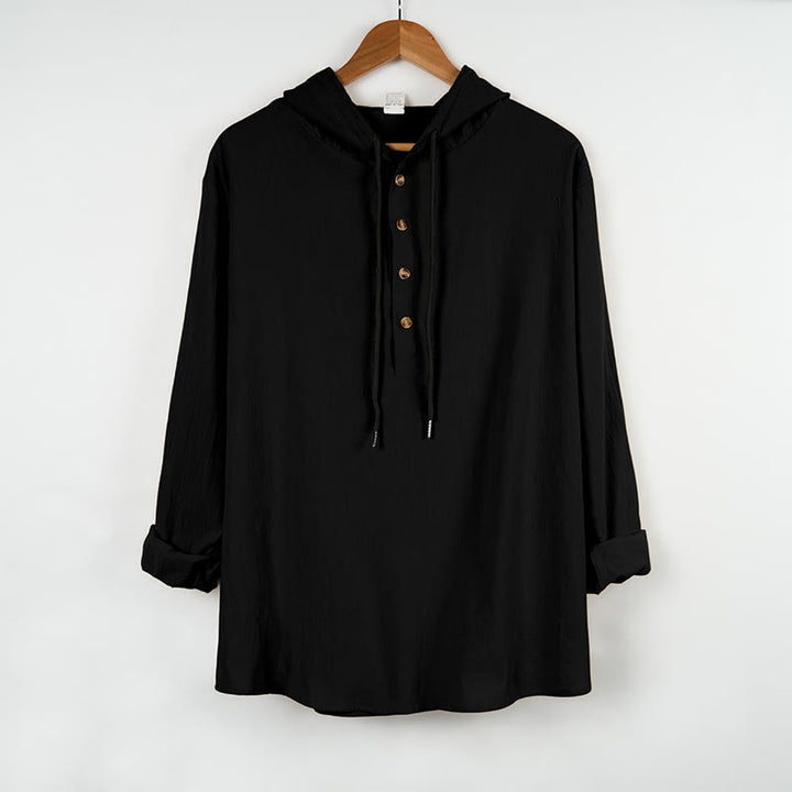 Buddha Stones無地 秋 ハーフボタン メンズ フード付き 長袖 コットンシャツ - 黒 - US/UK/AU46、 EU56 (3XL) - image 7