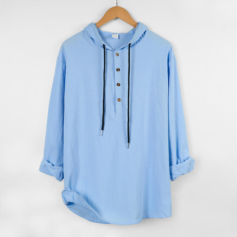 Buddha Stones無地 秋 ハーフボタン メンズ フード付き 長袖 コットンシャツ - ライトスカイブルー - US/UK/AU46、 EU56 (3XL) - image 0