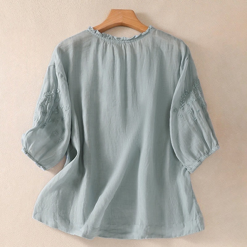 Buddha Stonesカジュアル 無地 ボタン 花柄 刺繍 デザイン パフ 半袖 コットン リネン レディース シャツ - image 2