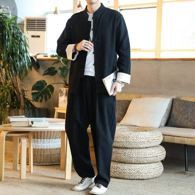 Buddha Stones 2点セット 禅唐装 メンズ カエルボタン 長袖 シャツ パンツ セット ポケット付き - 黒 - US/UK/AU44、EU54 (5XL) - image 15