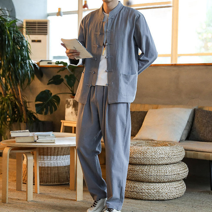 Buddha Stones 2点セット 禅唐装 メンズ カエルボタン 長袖 シャツ パンツ セット ポケット付き - image 2