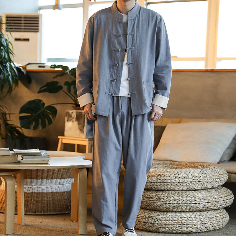 Buddha Stones 2点セット 禅唐装 メンズ カエルボタン 長袖 シャツ パンツ セット ポケット付き - image 7