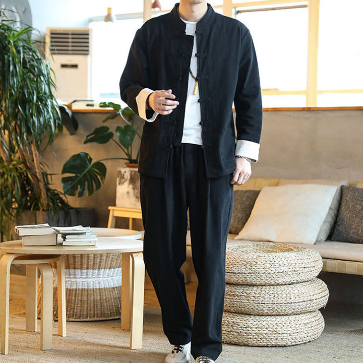 Buddha Stones 2点セット 禅唐装 メンズ カエルボタン 長袖 シャツ パンツ セット ポケット付き - image 16