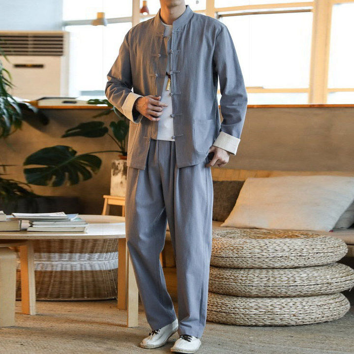 Buddha Stones 2点セット 禅唐装 メンズ カエルボタン 長袖 シャツ パンツ セット ポケット付き - グレー - US/UK/AU44、EU54 (5XL) - image 0