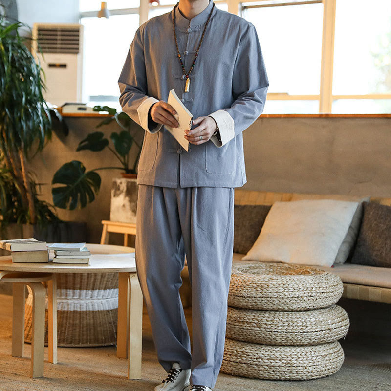 Buddha Stones 2点セット 禅唐装 メンズ カエルボタン 長袖 シャツ パンツ セット ポケット付き - image 6
