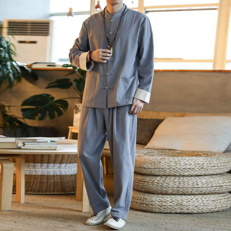 Buddha Stones 2点セット 禅唐装 メンズ カエルボタン 長袖 シャツ パンツ セット ポケット付き - image 5