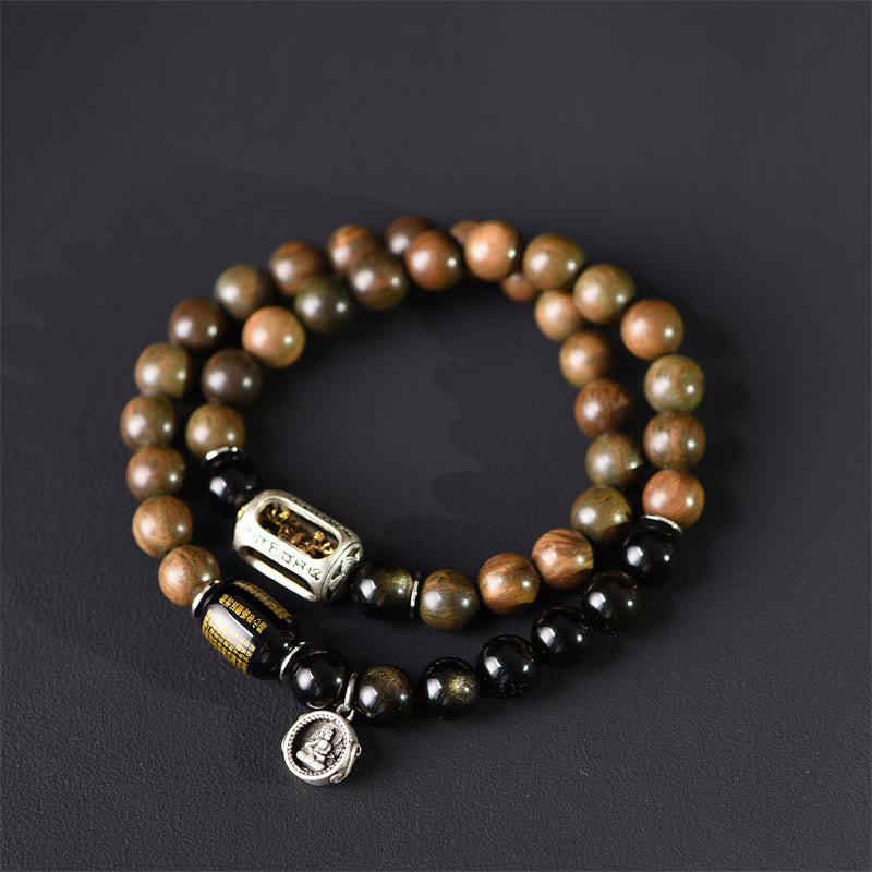 Buddha Stonesチベットグリーンサンダルウッド ゴールドシーンオブシディアン バランスピース ダブルラップブレスレット - 18～19cm - image 1
