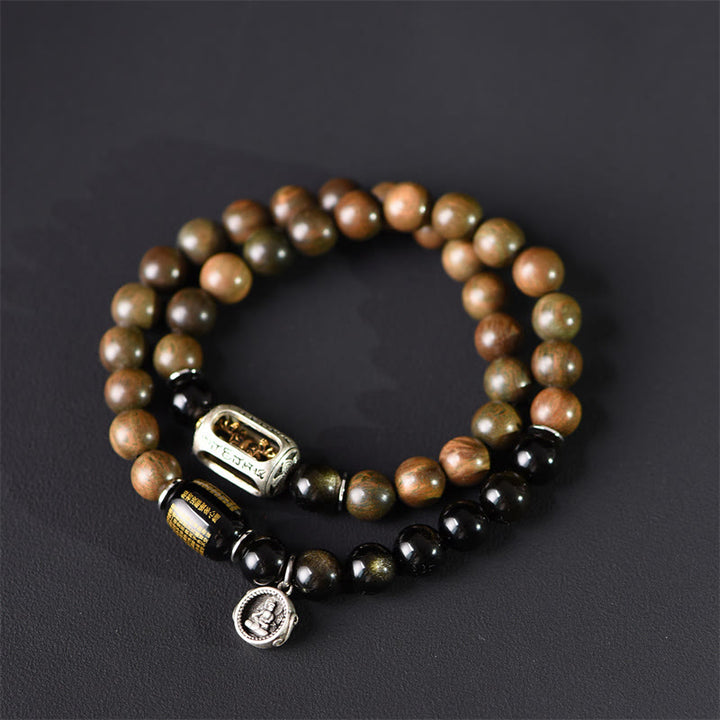 Buddha Stonesチベットグリーンサンダルウッド ゴールドシーンオブシディアン バランスピース ダブルラップブレスレット - 18～19cm - image 1