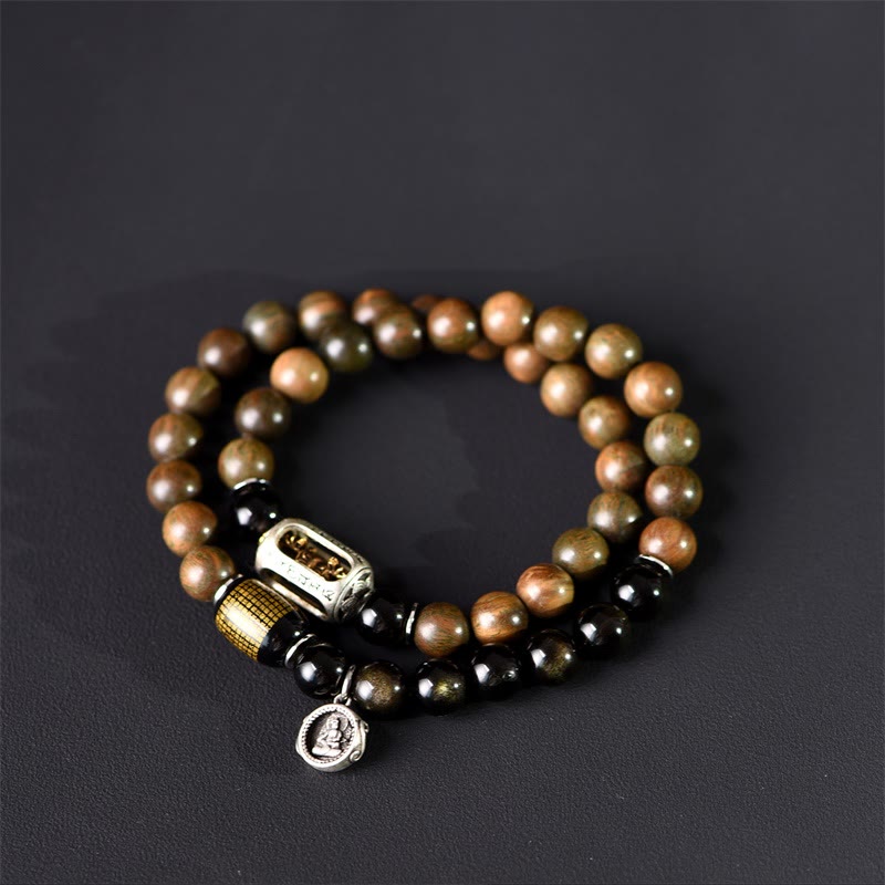 Buddha Stonesチベットグリーンサンダルウッド ゴールドシーンオブシディアン バランスピース ダブルラップブレスレット - image 15