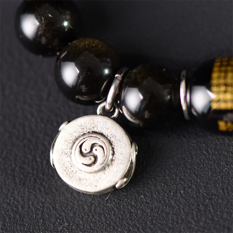 Buddha Stonesチベットグリーンサンダルウッド ゴールドシーンオブシディアン バランスピース ダブルラップブレスレット - image 13