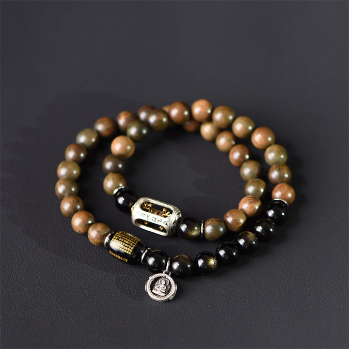 Buddha Stonesチベットグリーンサンダルウッド ゴールドシーンオブシディアン バランスピース ダブルラップブレスレット - image 4