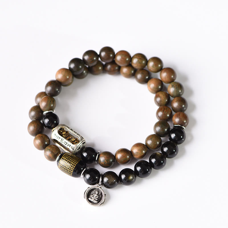 Buddha Stonesチベットグリーンサンダルウッド ゴールドシーンオブシディアン バランスピース ダブルラップブレスレット - image 16