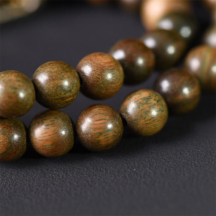 Buddha Stonesチベットグリーンサンダルウッド ゴールドシーンオブシディアン バランスピース ダブルラップブレスレット - image 10