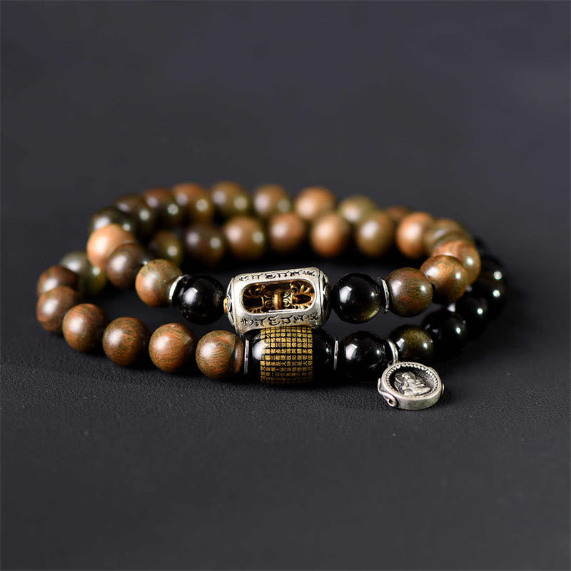 Buddha Stonesチベットグリーンサンダルウッド ゴールドシーンオブシディアン バランスピース ダブルラップブレスレット - image 3