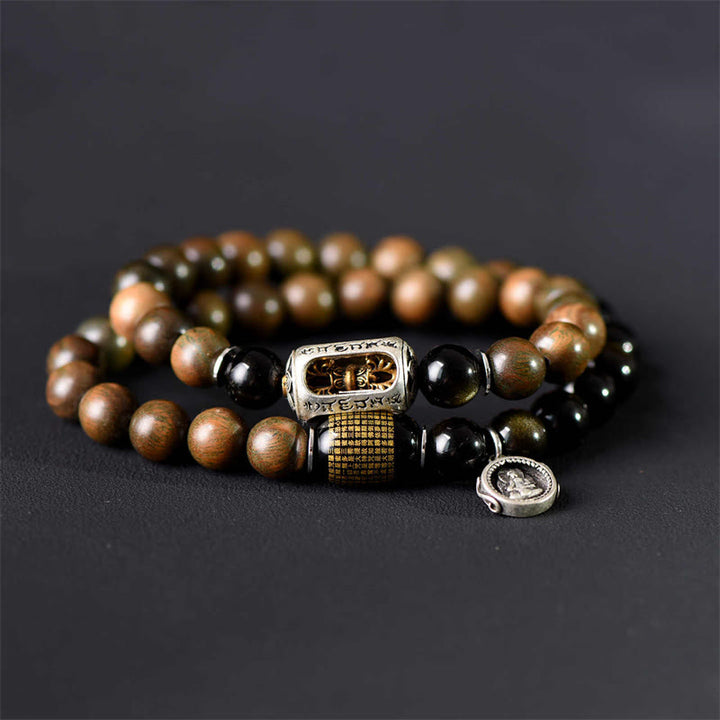 Buddha Stonesチベットグリーンサンダルウッド ゴールドシーンオブシディアン バランスピース ダブルラップブレスレット - image 3