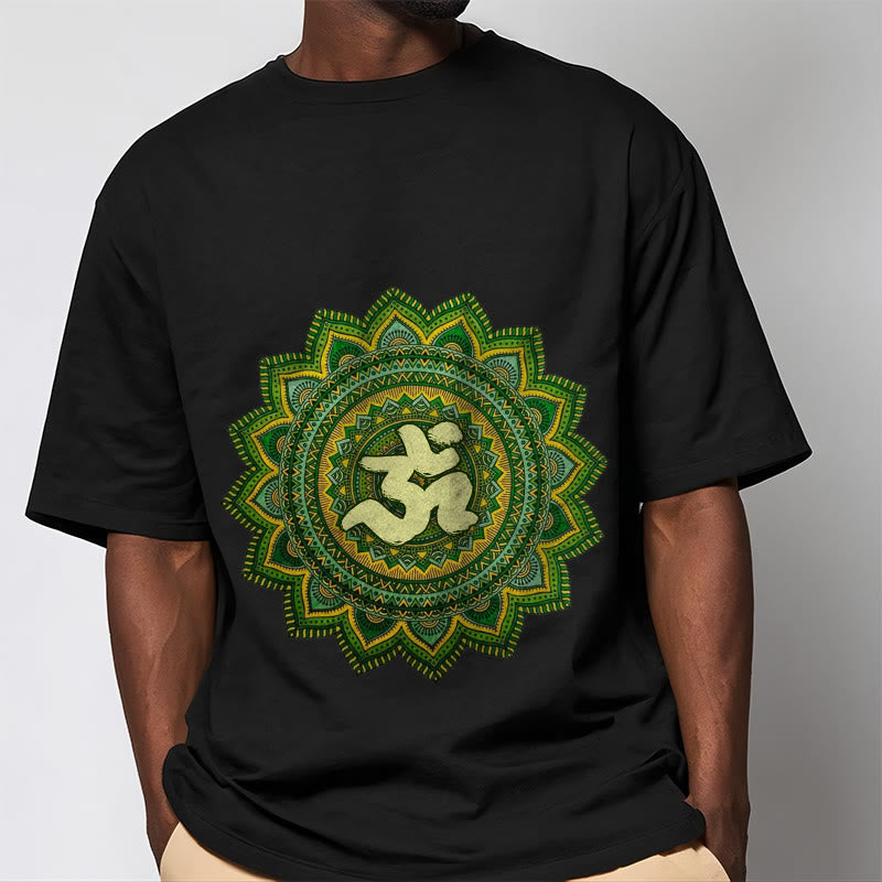 Buddha Stonesカジュアルグリーンマンダラオームシンボル柄コットンTシャツ - image 6