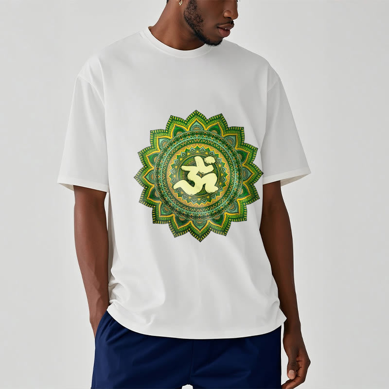 Buddha Stonesカジュアルグリーンマンダラオームシンボル柄コットンTシャツ - image 2