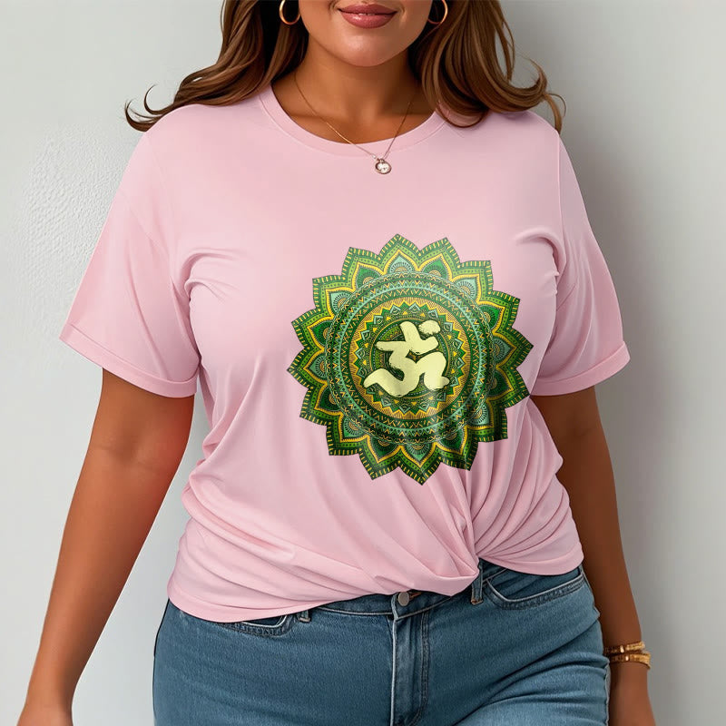 Buddha Stonesカジュアルグリーンマンダラオームシンボル柄コットンTシャツ - image 14