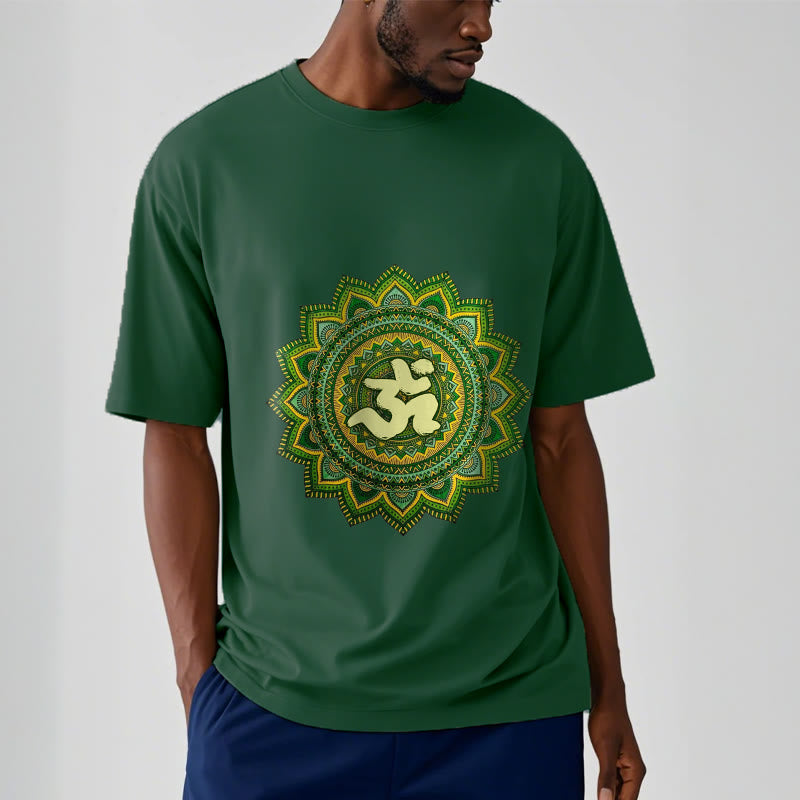 Buddha Stonesカジュアルグリーンマンダラオームシンボル柄コットンTシャツ - image 12