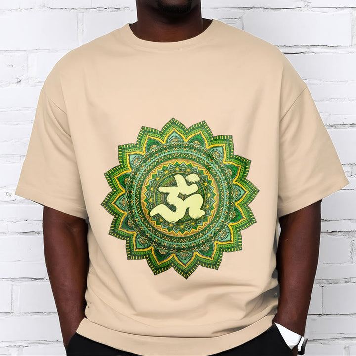 Buddha Stonesカジュアルグリーンマンダラオームシンボル柄コットンTシャツ - image 10