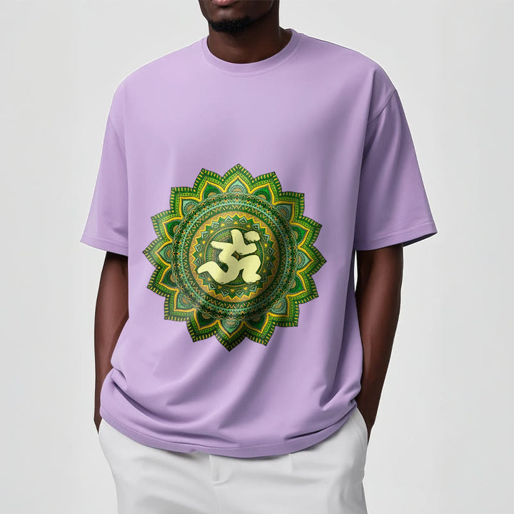 Buddha Stonesカジュアルグリーンマンダラオームシンボル柄コットンTシャツ - image 18