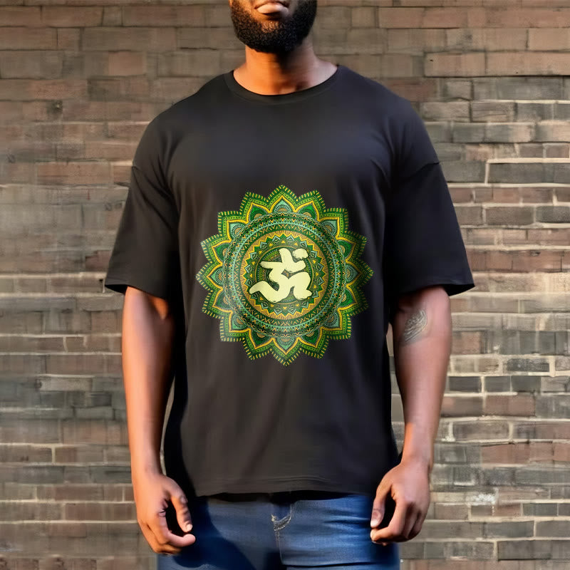 Buddha Stonesカジュアルグリーンマンダラオームシンボル柄コットンTシャツ - image 8