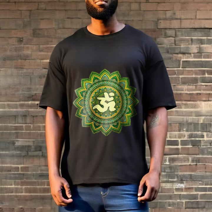 Buddha Stonesカジュアルグリーンマンダラオームシンボル柄コットンTシャツ - image 8
