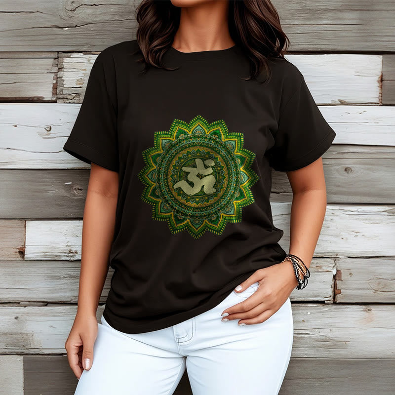 Buddha Stonesカジュアルグリーンマンダラオームシンボル柄コットンTシャツ - image 7